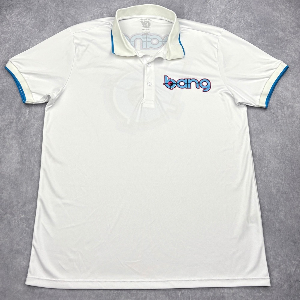 Bang Energy Drink Mens Medium White Polo Shirt Logo Golf Gym Athletic Style 1009